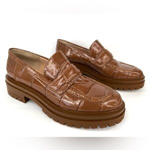 Gianvito Rossi Argo Lug Sole Croc Embossed Leather Penny Loafers Size EU 40.5